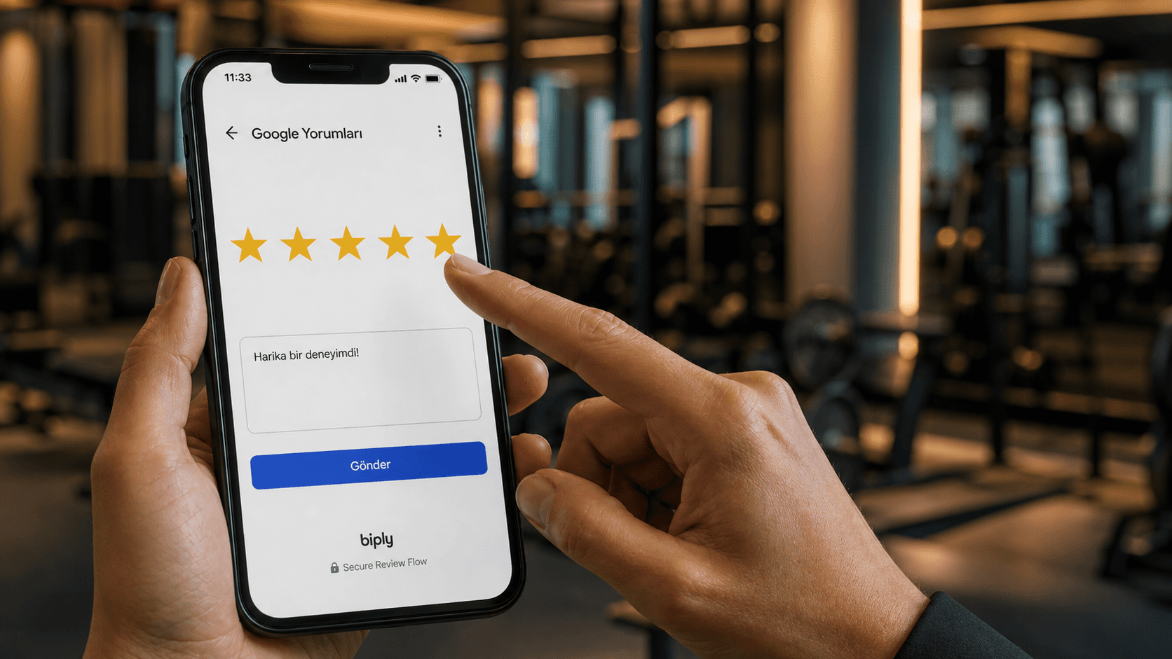 Biply ile açılan Google yorum ekranında beş yıldız seçen müşteri