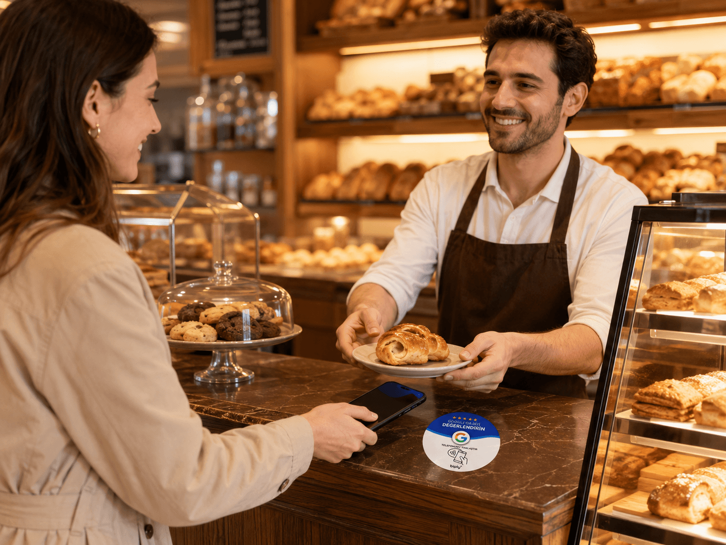 Pastane tezgahında Mini NFC yorum etiketi